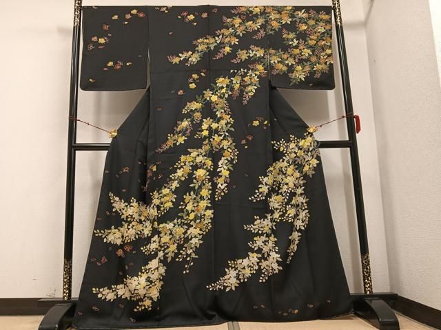 平和屋着物●訪問着　駒刺繍　枝花文　黒地　正絹　逸品　未使用　AABB5130ph 平和屋着物○訪問着 駒刺繍 枝花文 黒地 正絹 逸品 未使用 AABB5130ph
