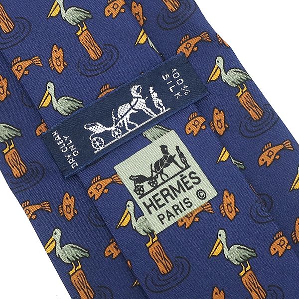 エルメス HERMES ネクタイ アニマル柄 9cm シルク ネイビー×マルチ