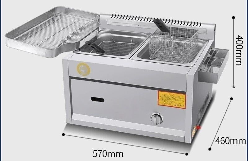 業務用ガスディープフライヤー 8L x 2 ステンレス鋼デュアルタンクガスディープフライヤー 2 つのバスケットと蓋付き ステンレス鋼 送料無料
