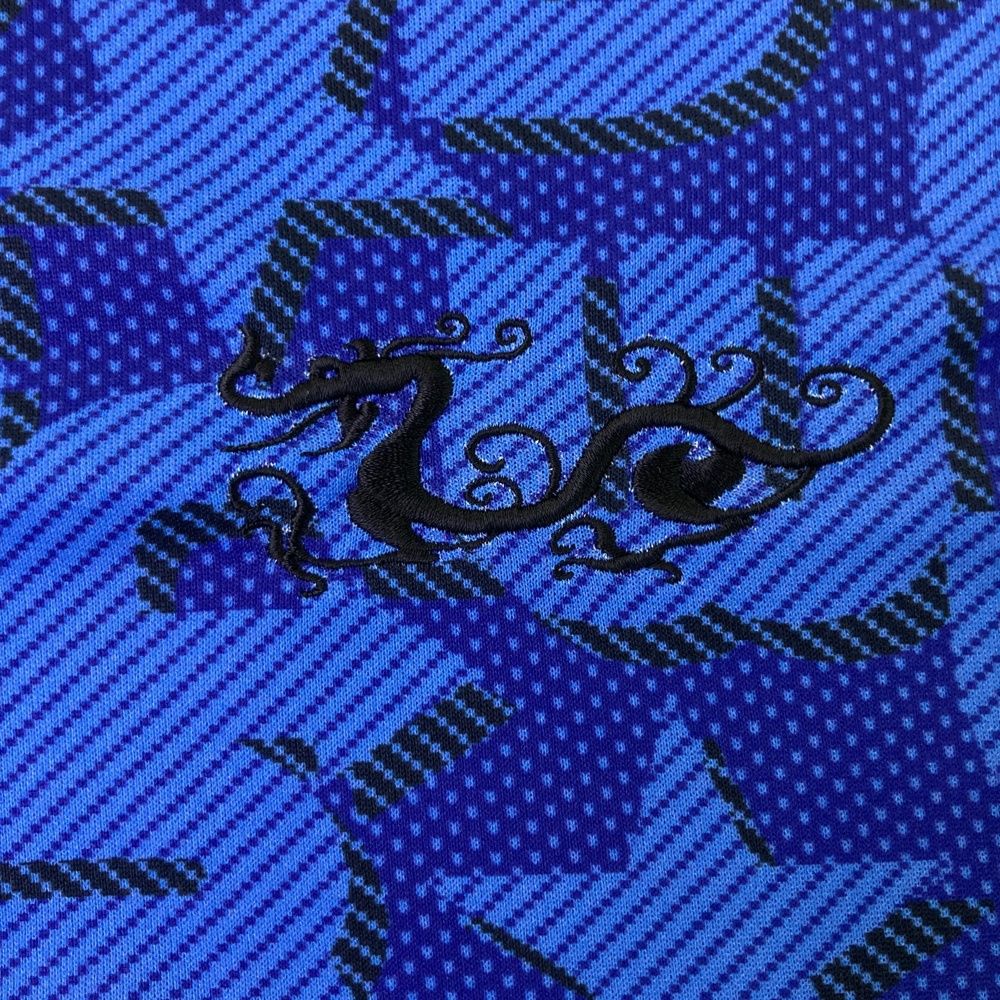 サイズ：4 DANCE WITH DRAGON ダンスウィズドラゴン  半袖ポロシャツ 総柄 ブルー系 [240101481647] ゴルフウェア メンズ ストスト DANCE WITH DRAGON(ダンスウィズドラゴン) ポロシャツ｜中古