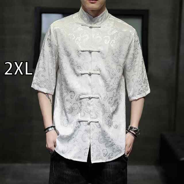 [2XL ] メンズ ファッション 服 男性用 オシャレ シンプル 大人 かっこいい 大きいサイズ ストリート 紳士服 半袖 シャツ 唐 スーツ レトロ スタイル 漢服 プレート ボタン スタンドカラー トッ