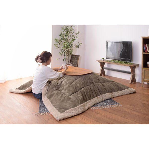 こたつ布団 190×190 正方形 薄掛け カーキ ボア付きコーデュロイ 薄