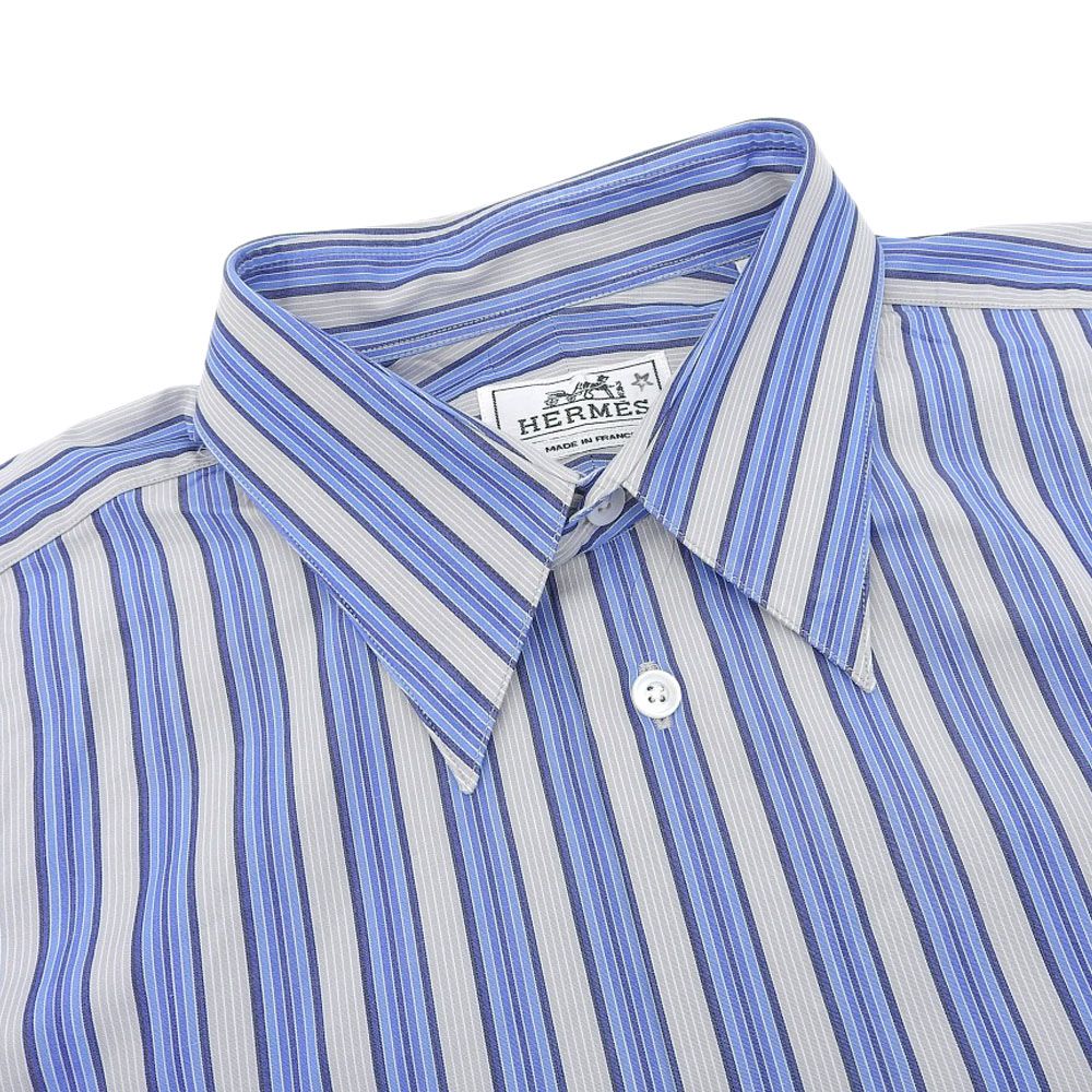 【定番，豊富な】 HERMES エルメス メンズ 長袖 シャツ ストライプ ブルー系 サイズ38 15