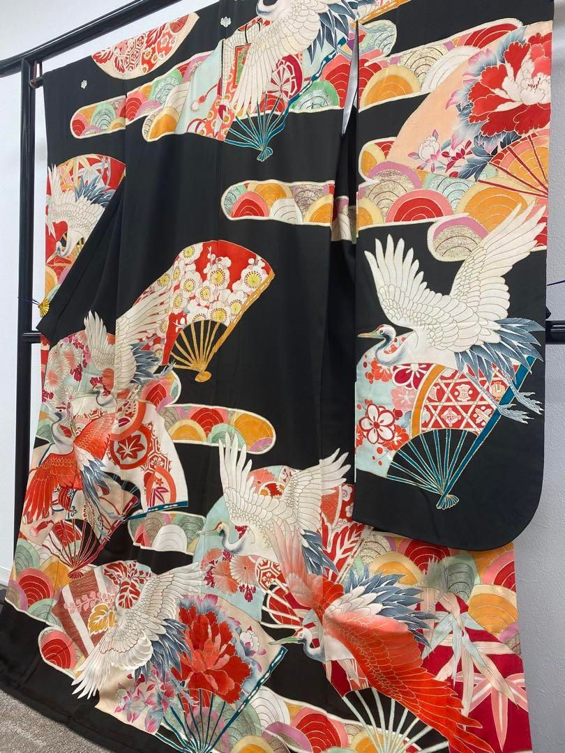 アンティーク 振袖 金駒 金彩 銀彩 刺繍 鶴 正絹 身丈167cm 紋付