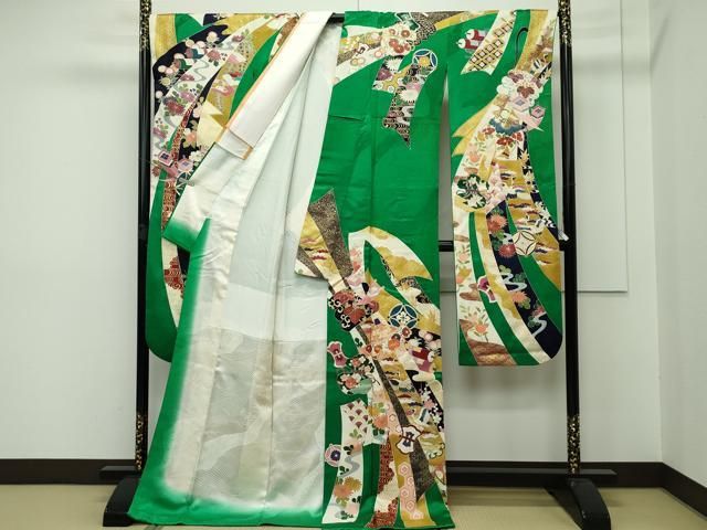 平和屋本店□極上 創業460年・千總 振袖 駒刺繍 宝尽くし 金彩 常盤色