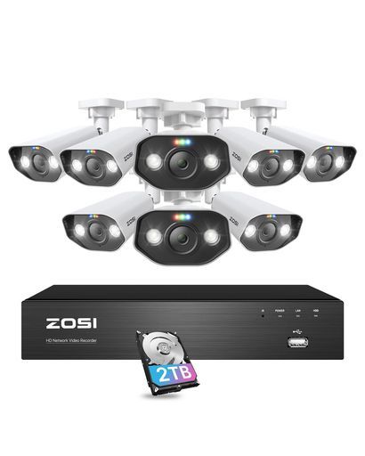 ZOSI4kpoe防犯カメラセット8台800万画素poe給電8台poe防犯レコーダー8chhdd2tb内蔵poe給電カメラ 筐体H.265 双方向通話ai人体検知ai車両検知ai顔検知センサー発光サイレン警報防犯灯カメラ