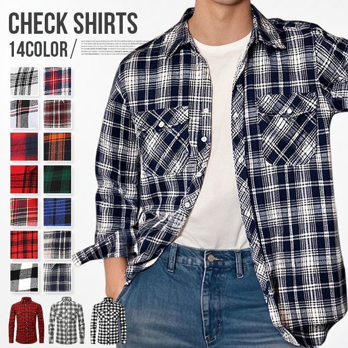 ネルシャツ チェック柄 メンズ チェックシャツ 秋 長袖 大きいサイズ ユニセックス 男女兼用 カジュアルシャツ 20代 30代 40代 50代 開襟シャツ ストリート トップス haimao03