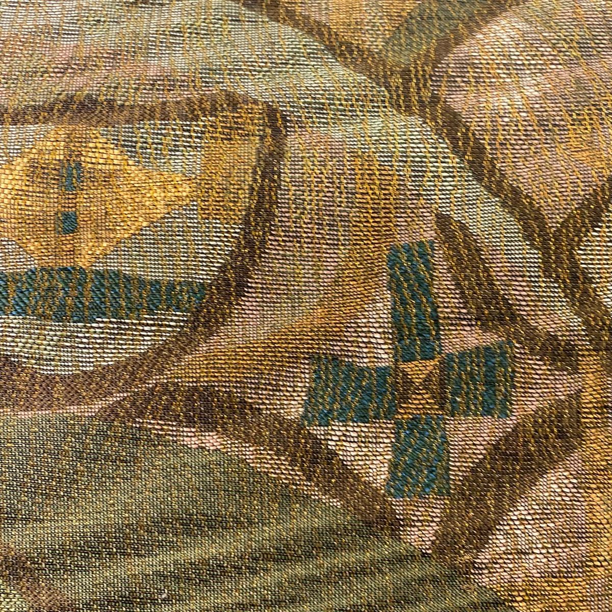 袋帯 美品 秀品 幾何学 金糸 箔 茶緑色 六通 正絹 【中古