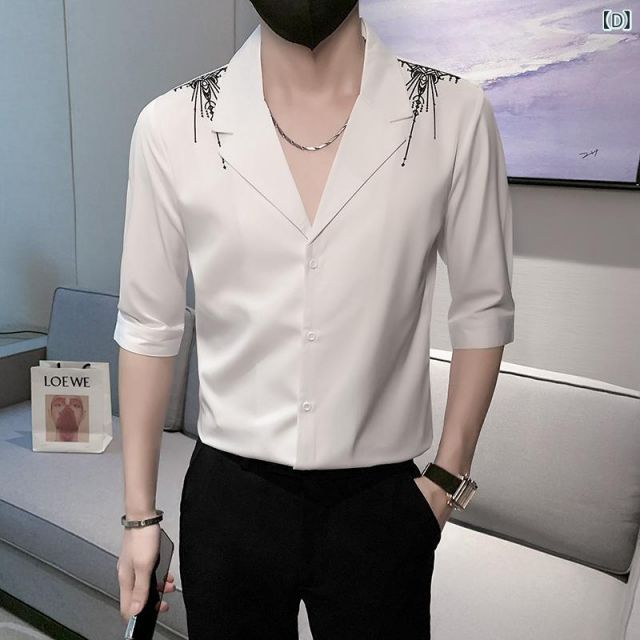 種類18：L /D：白  メンズ ファッション 服 男性用 オシャレ シンプル 大人 かっこいい ストリート 夏 半袖 ハイエンド クール Vネック シャツ スリム 