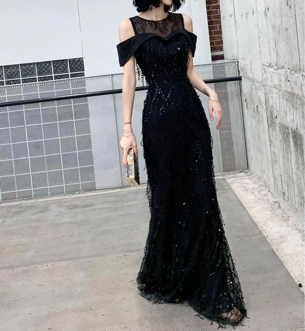 花柄レースにスパンコールが美しい オフショルイブニングドレス 花柄レースにスパンコールが美しい オフショルイブニングドレス