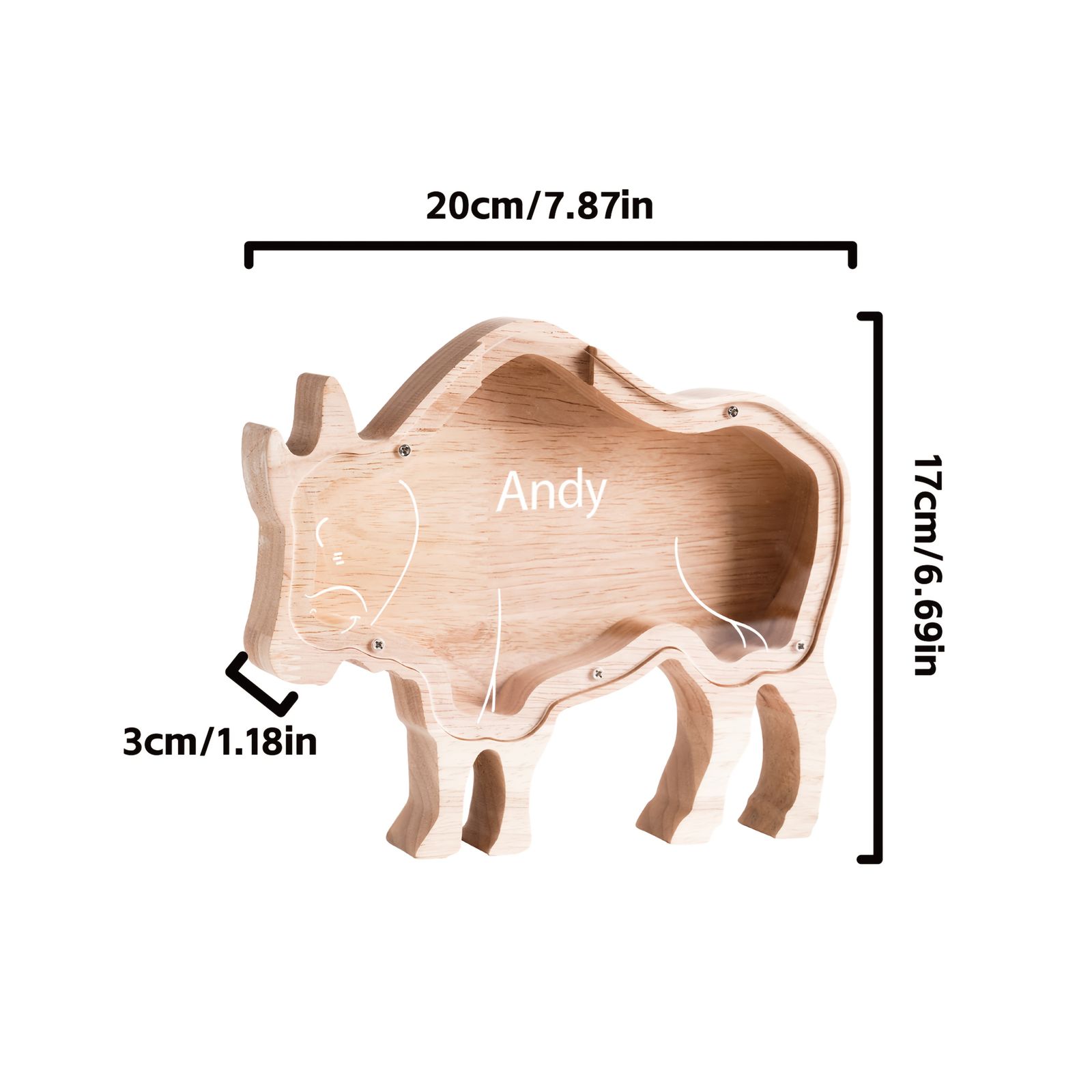 個人の「アンディ」名の木製貯金箱 - 耐久性のある牛の形状の