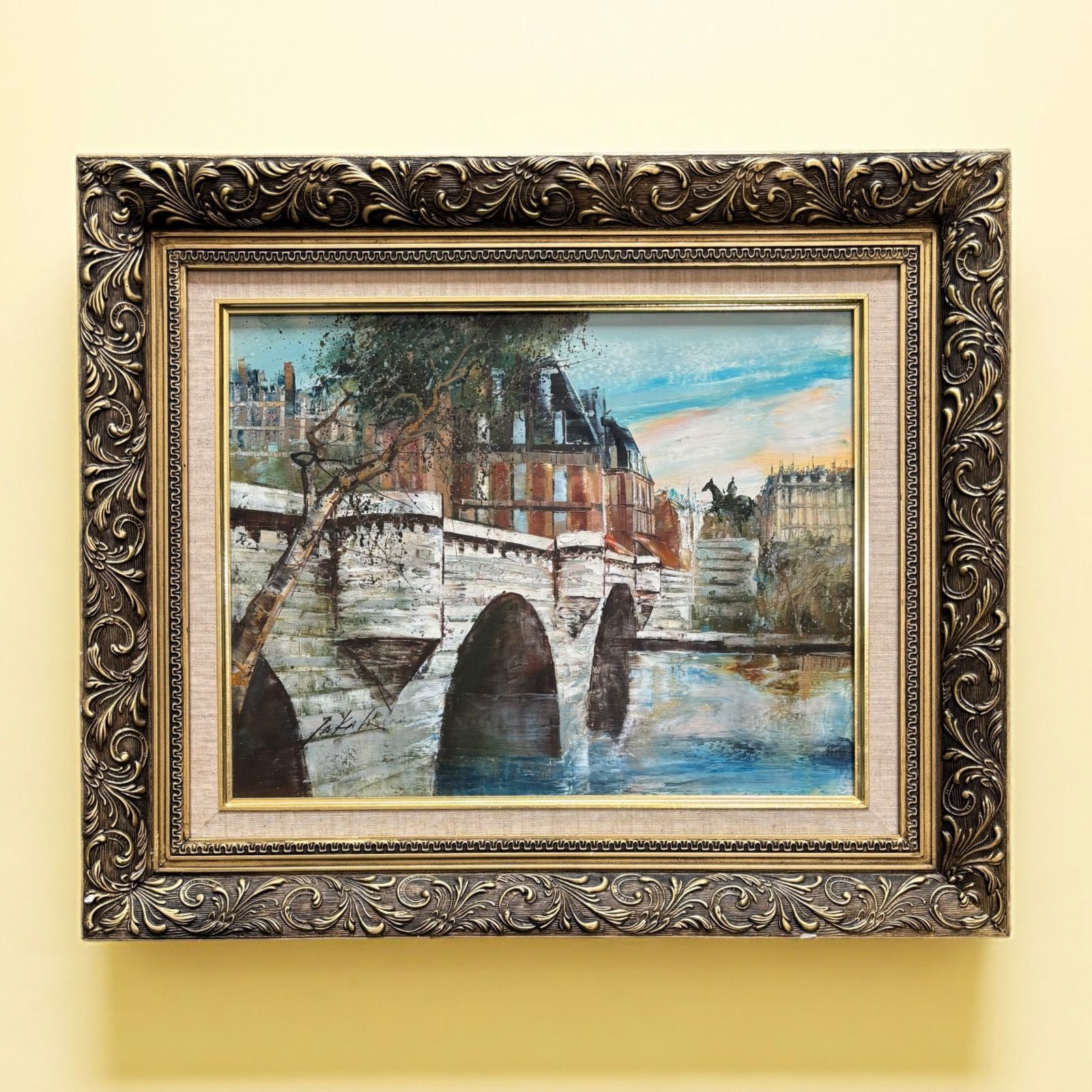 油絵 パリ ポンヌフ 金額 風景 油彩 額装 額 壁掛 絵画 色絵 雑貨 ゴージャス インテリア アンティーク コレクション