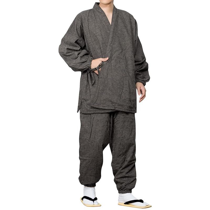 キョウエツ 作務衣 冬用 中綿入り 紬風生地 フリース裏地 16 メンズ M 灰