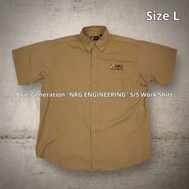 Blue Generation “NRG ENGINEERING” S/S Work Shirt ブルージェネレーション ワークシャツ 半袖 ベージュ Lサイズ エジプト製 企業物 ロゴ刺繍