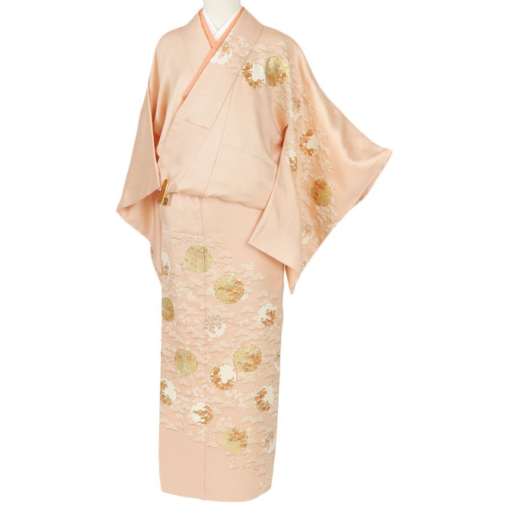 訪問着 正絹 中古 重ね衿付き 本加工手描き友禅 一つ紋 ピンク 雪輪 橘