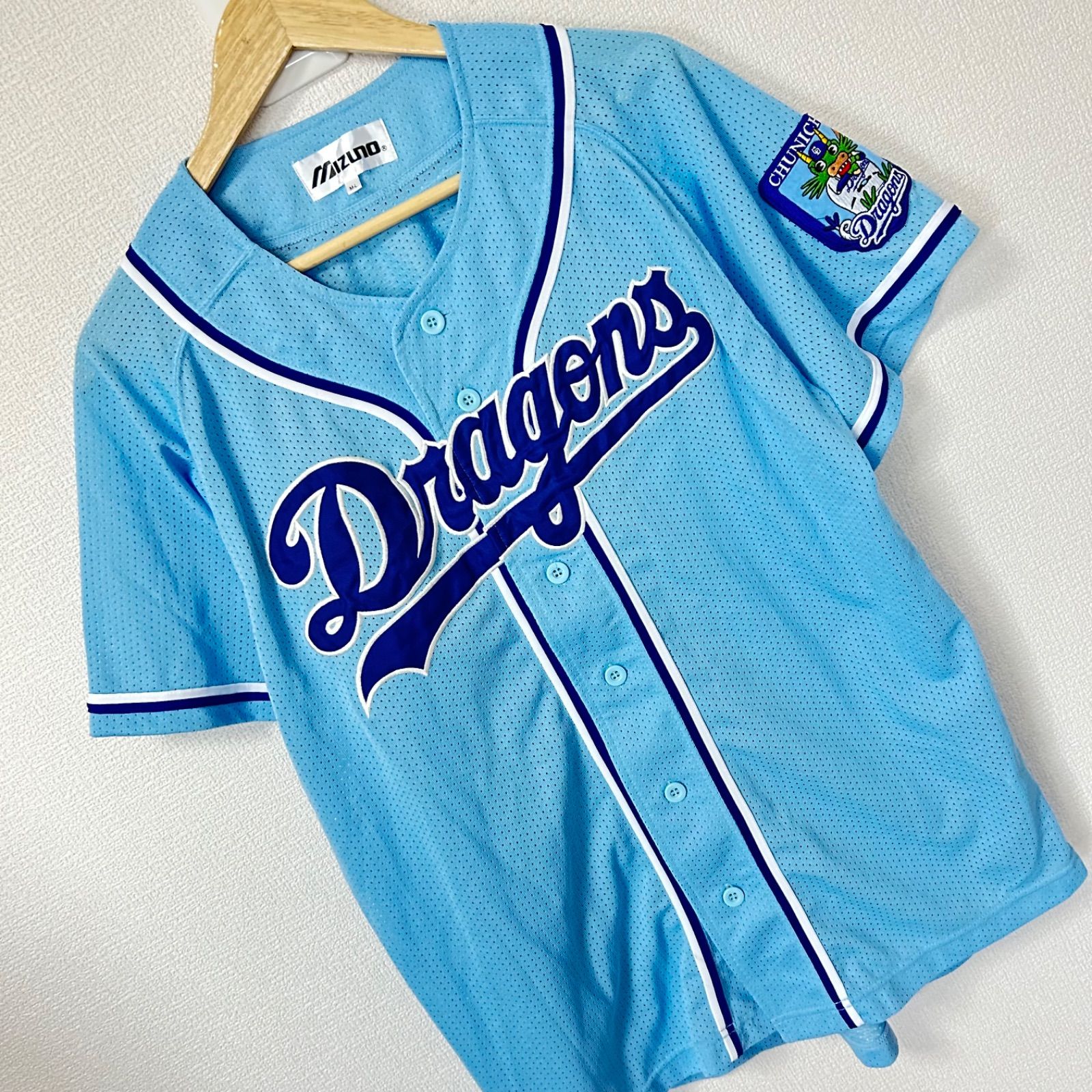 DRAGONS 中日ドラゴンズ 半袖ユニフォーム ブルー WOODS 44番 前開き 野球 スポーツ ヴィンテージ ネ w^)b asics アシックス 中日ドラゴンズ Dragons ユニフォーム ベース