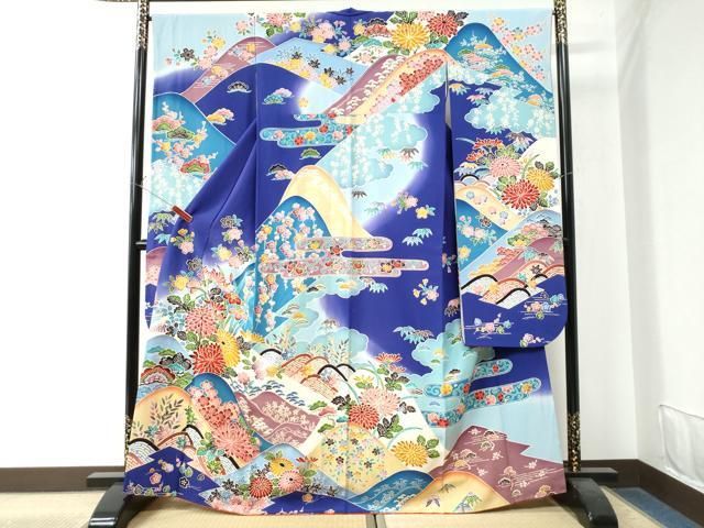 平和屋着物●豪華振袖　型染め　遠山エ霞草花文　暈し染め　正絹　逸品　CAAW8359yc 平和屋着物○豪華振袖 型染め 遠山エ霞草花文 暈し染め 正絹 逸品