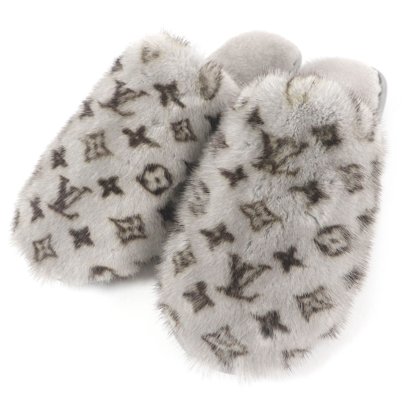 極美品□LOUIS VUITTON ルイヴィトン LV スイートライン モノグラム スリッパ ルームシューズ ミンク レザー グレー 41-42 イタリア製 メンズ