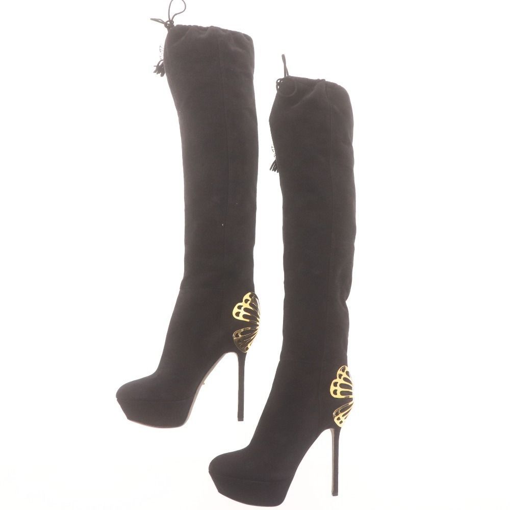 セルジオロッシ ロングブーツ ハイヒール 靴 紐 蝶々柄 イタリア製 レディース 36 1|2 23.0cm相当 ブラック ♥