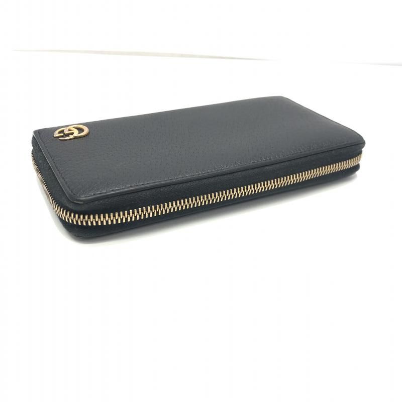 中古】GUCCI GGマーモント ラウンドジップウォレット レザー ブラック  