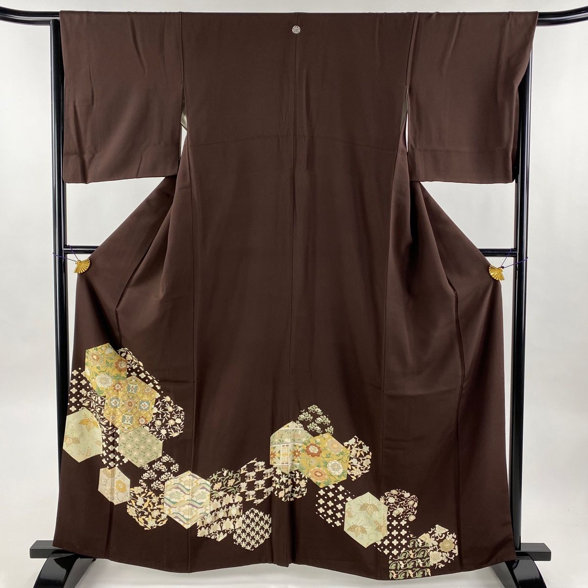 色無地 身丈158cm 裄丈63.5cm S 袷 茶色 正絹 優品 一つ紋 【中古  