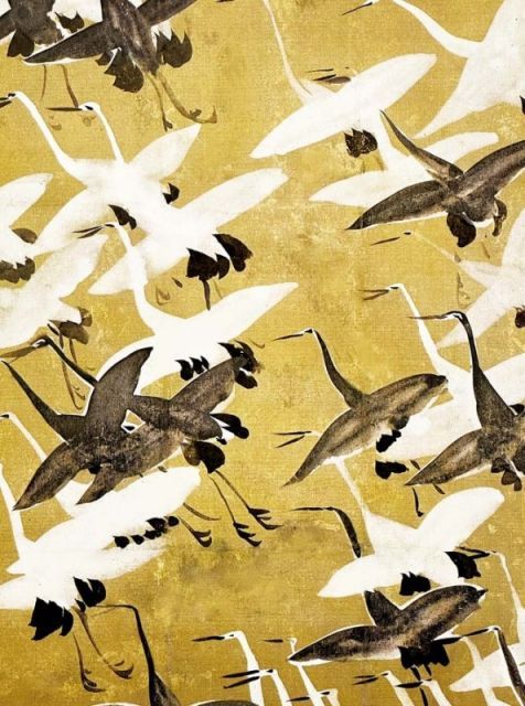 尾形光琳　「群鶴」　金箔リトグラフ　作品証明シール有り 尾形光琳 「群鶴」 金箔リトグラフ 作品証明シール有り