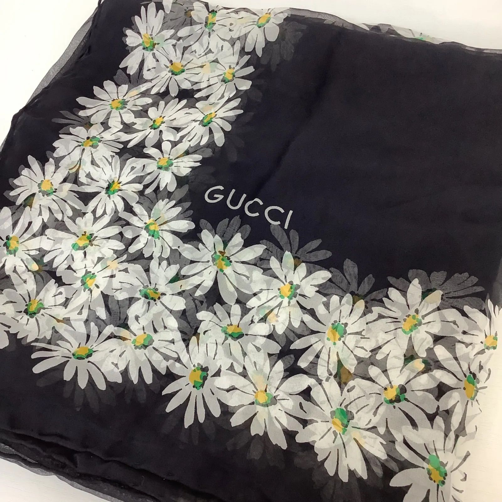 GUCCI グッチ 超大判ストール スカーフ シフォン ブラック 花柄