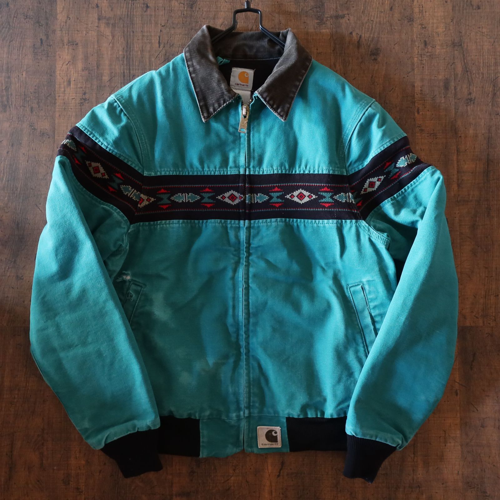 90s Carhartt ダックジャケット　ネイティブ柄　ブルー着丈62cm