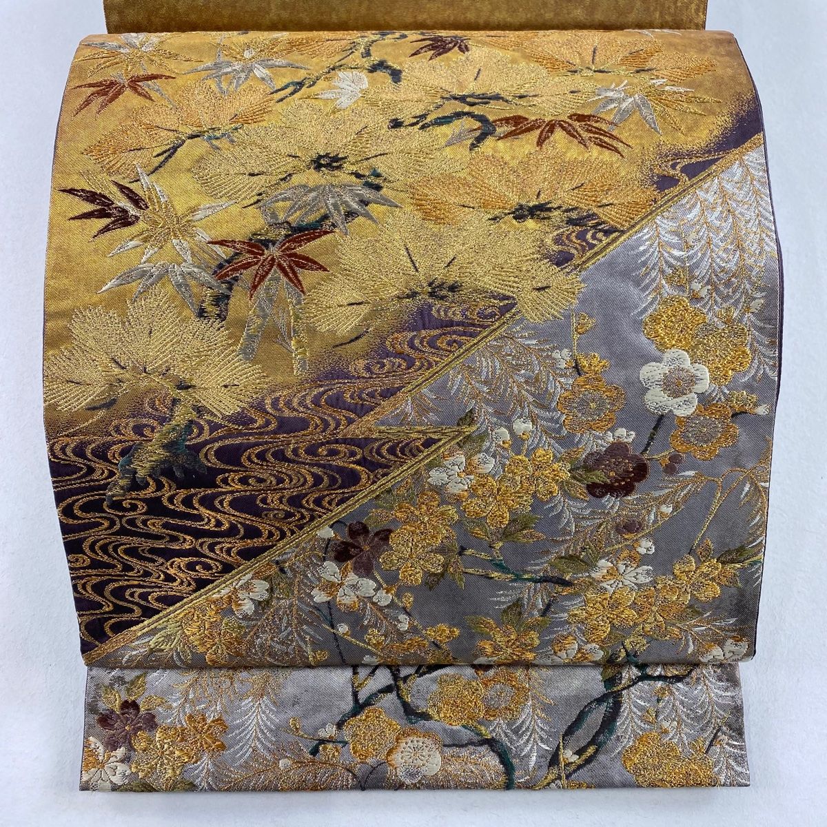 袋帯 美品 名品 加納幸 落款 蒔絵松桜 流水 金糸 箔 金色 お太鼓