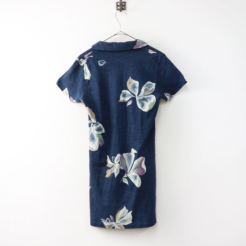 パラスパレス　藍染ワンピース　花柄刺繍 半袖ひざ丈ワンピース パラスパレス 藍染ワンピース 花柄刺繍 半袖ひざ丈ワンピース