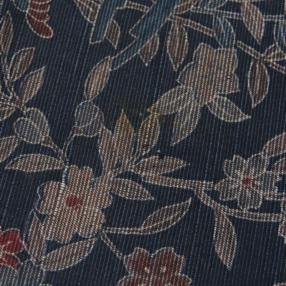 中古】 紬 正絹 ネイビー 単衣 更紗模様 和装 呉服 和服 きもの