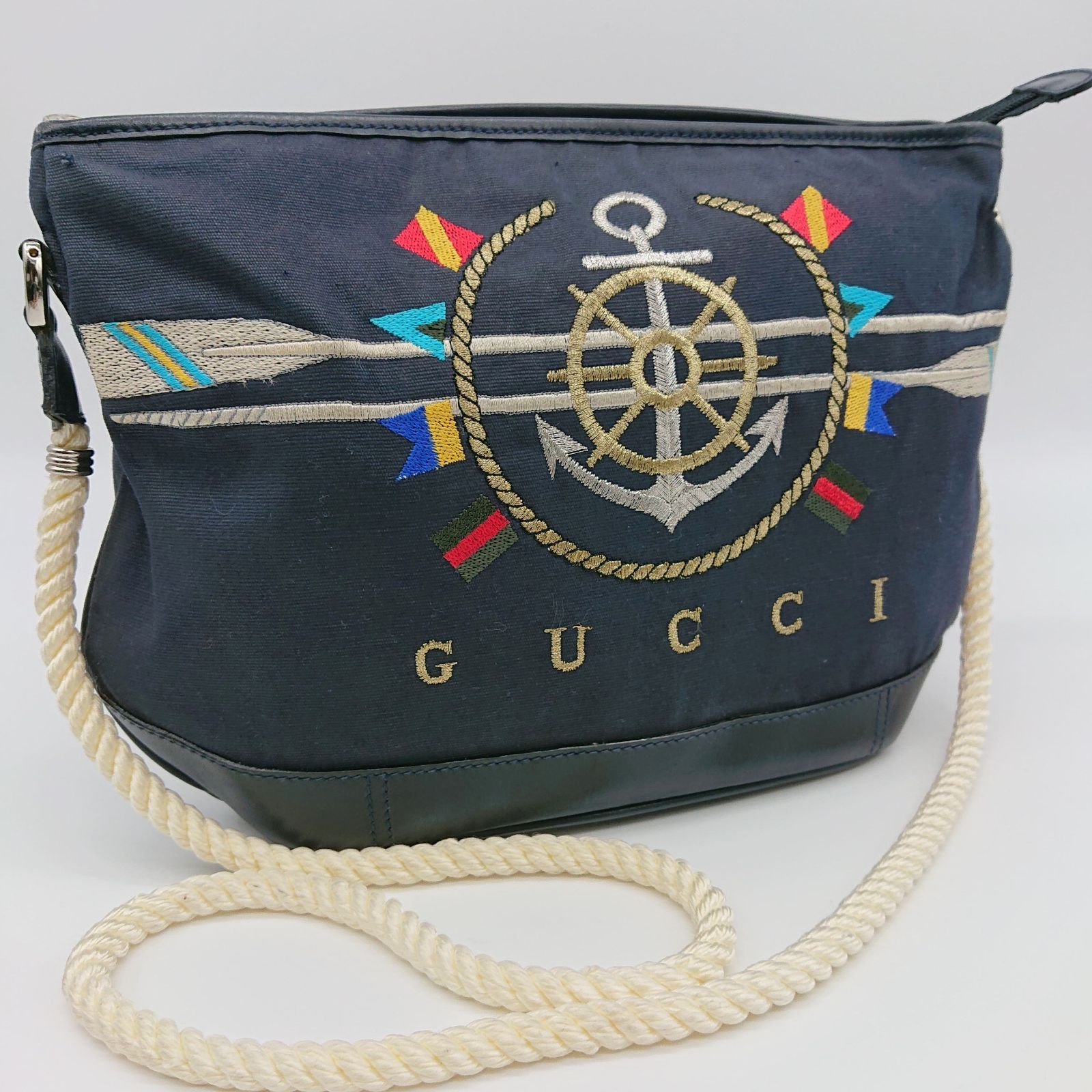 GUCCI グッチ ショルダーバッグ ネイビー マリン 刺繍 キャンバス地 レザー ヴィンテージ レディース