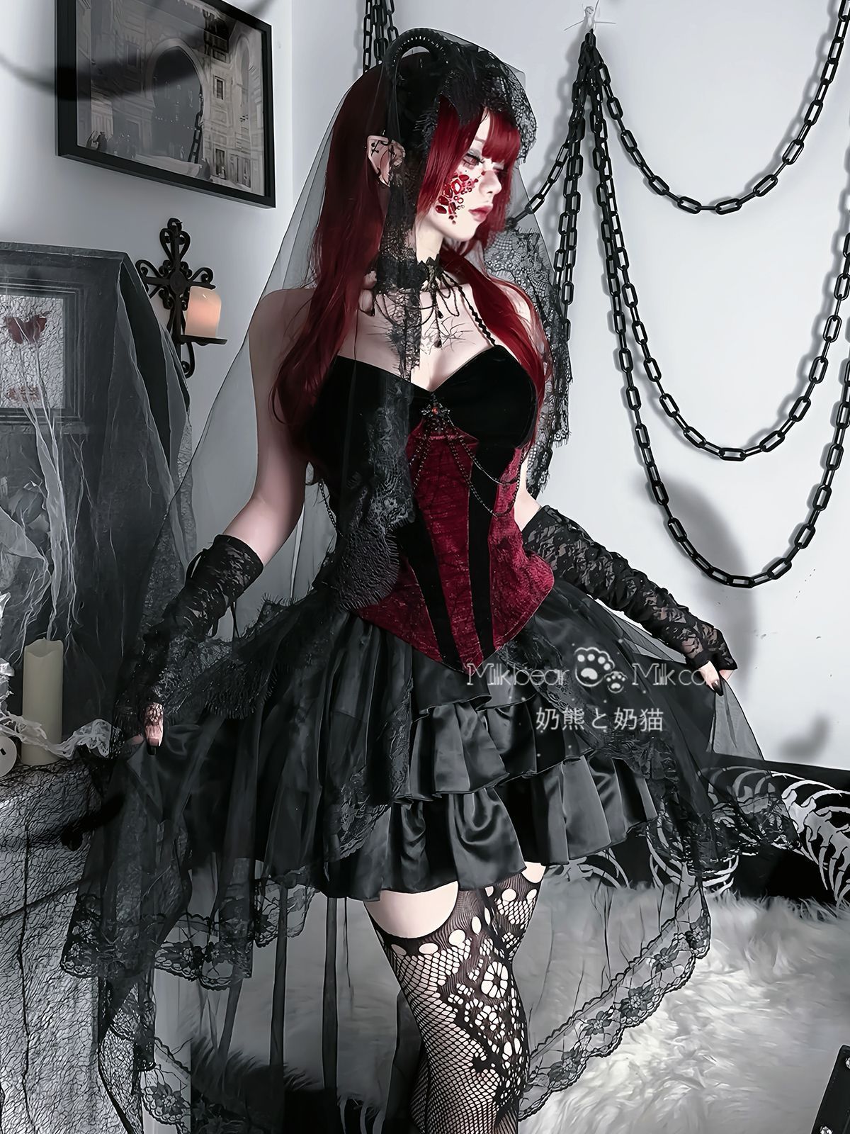 ♥ ゴシック風 Y2Kスタイル 豪華セットアップ ショートドレス＋ドラッグテールスカート セクシーデザイン 撮影会 ハロウィン 推し活 舞台衣装 イベント プレゼントにも最適