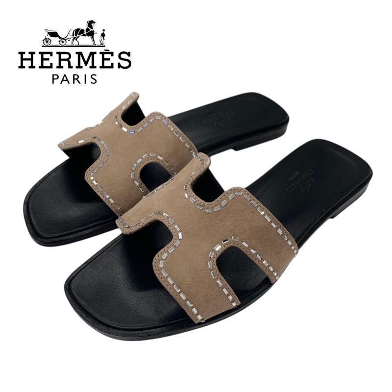 エルメス HERMES オラン サンダル 靴 シューズ スエード ピンクベージュ ミュール フラットサンダル ラインストーン エルメス HERMES オラン サンダル 靴 シューズ スエード ピンク