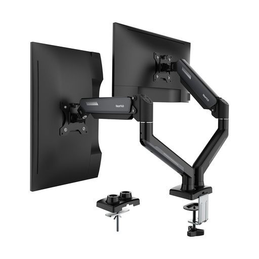 NearHubモニターアームデュアルpc13~32インチ対応耐荷重9kgVESA規格75x75mm|100x100mm2画面縦|横表示多角度調節ガススプリング式安定性クランプ式|グロメット式ケーブル収納広い可動域高い位置