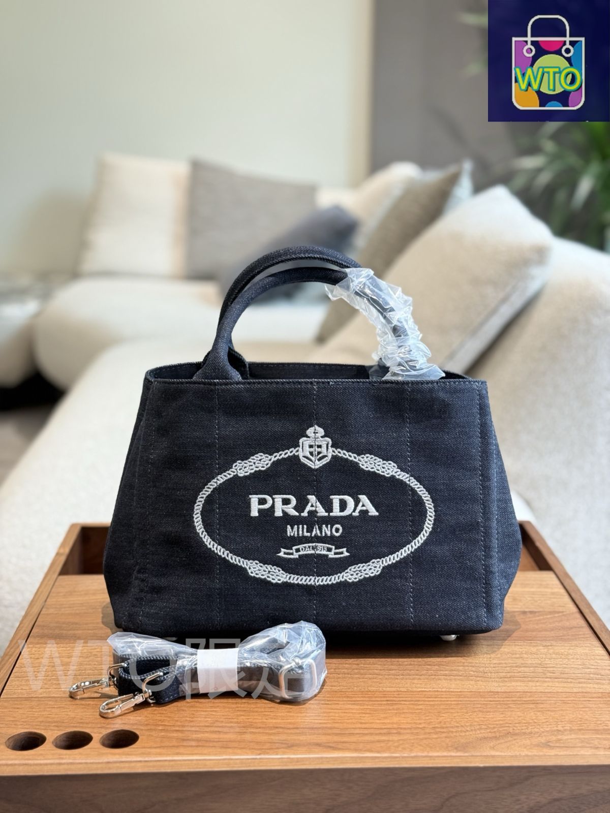 PRADAプラダカナパ トートバッグ ブラックデニム PRADA プラダ カナパ