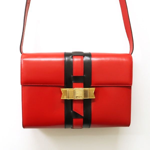 CELINE セリーヌ ショルダーバッグ リボン金具 赤x黒 バイカラー