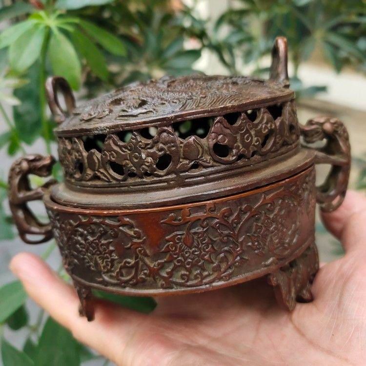 銅器 重工 彫刻 竜鳳薫香炉 美品 茶道具 香道具 工芸品美術品