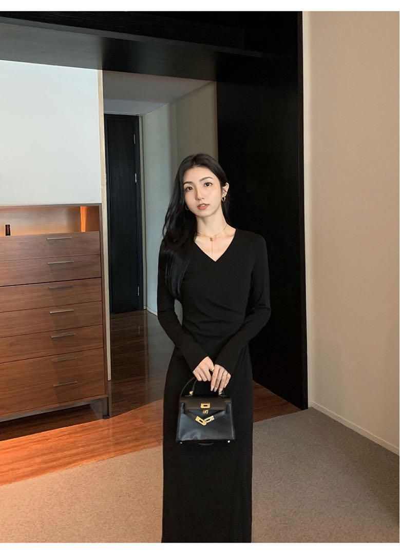 フカフカの ♥ ハイエンドブラックVネックタイトワンピ 春のモテファッション女子会デート用