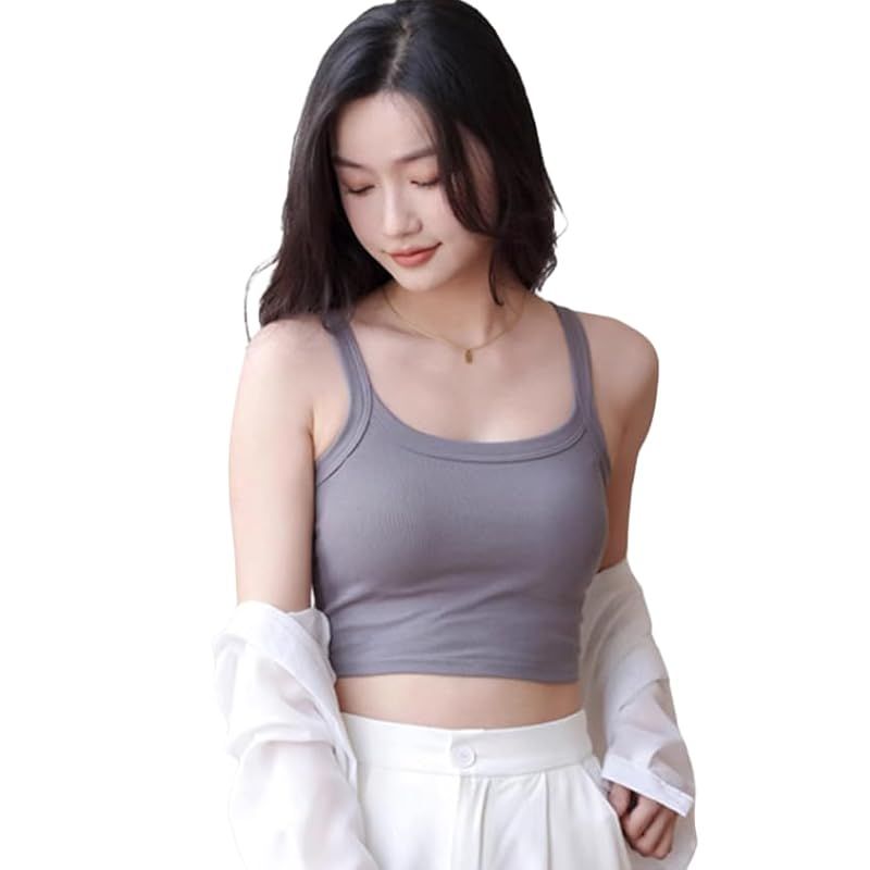 [veimia] キャミソール カップ付き レディース 無地 キャミソール 胸を小さく見せるキャミソール 高伸縮性 柔らかい 快適 肌優しい Uネック四季適用 (グレー（ショート丈），L)