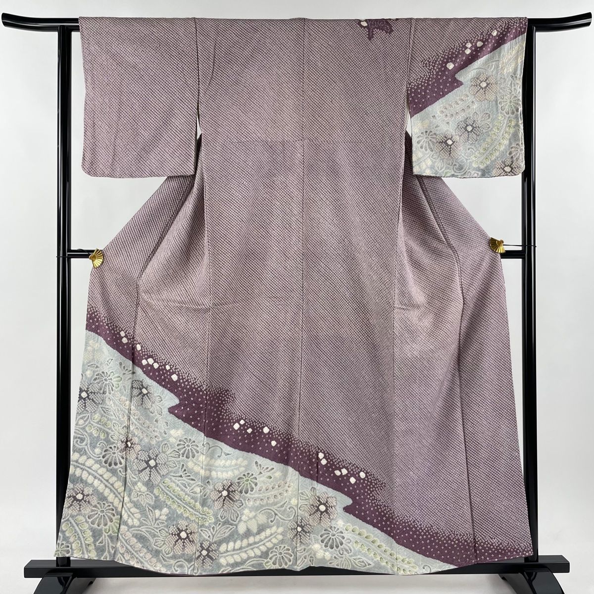 訪問着 身丈157cm 裄丈62.5cm S 袷 草花 霞 絞り 紫 正絹