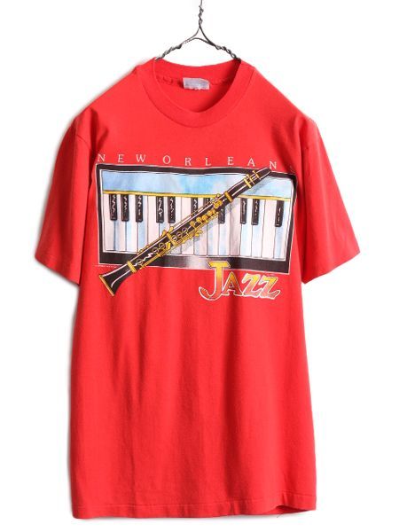 80s ビンテージ ジャズ アート プリント Tシャツ M 赤 イラスト