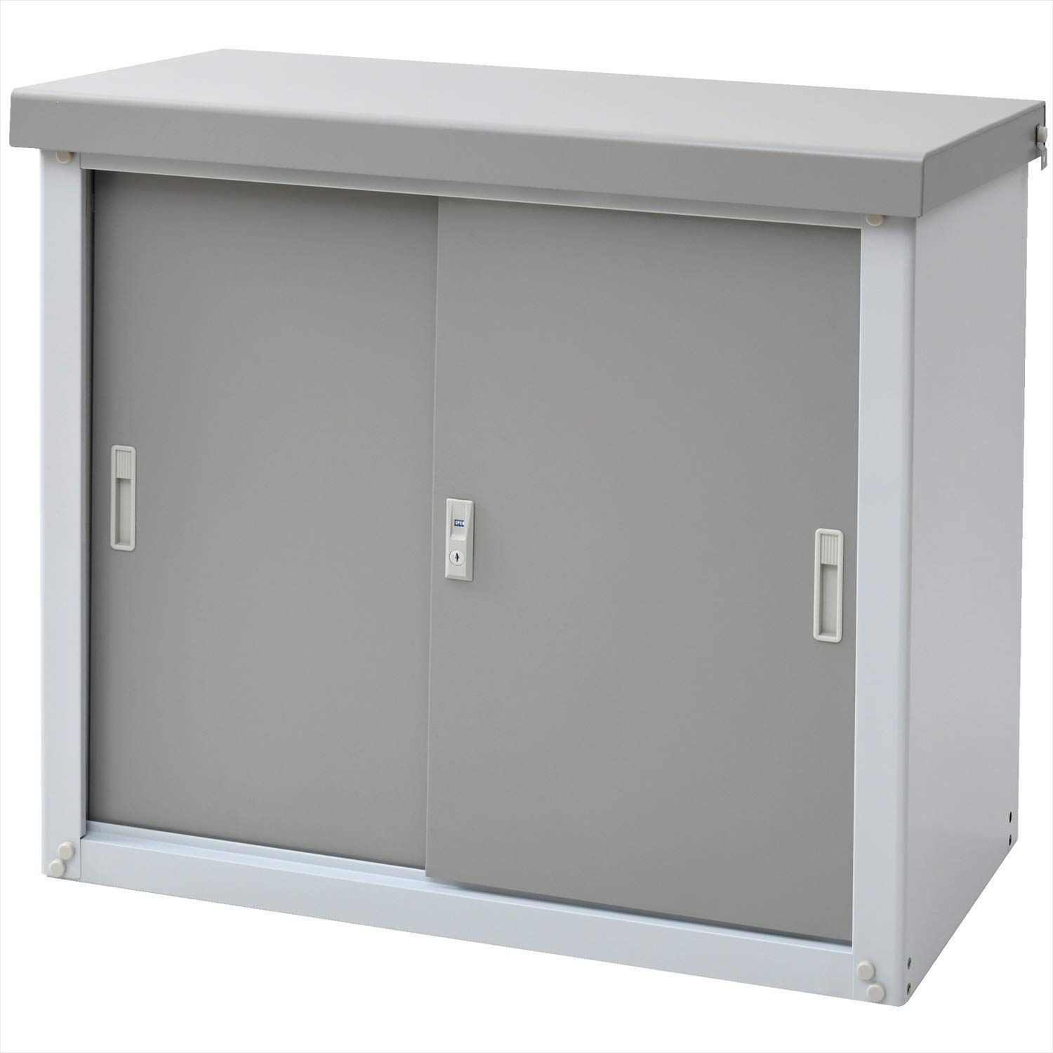 [ガーデンマスター] 物置 屋外 収納庫 小型 幅90×奥行45×高さ84cm 鍵付き 安心設計 吊り戸式 可動棚10間隔 棚板補強加工 棚板1枚 転倒防止設計 HSSB-098 グレー