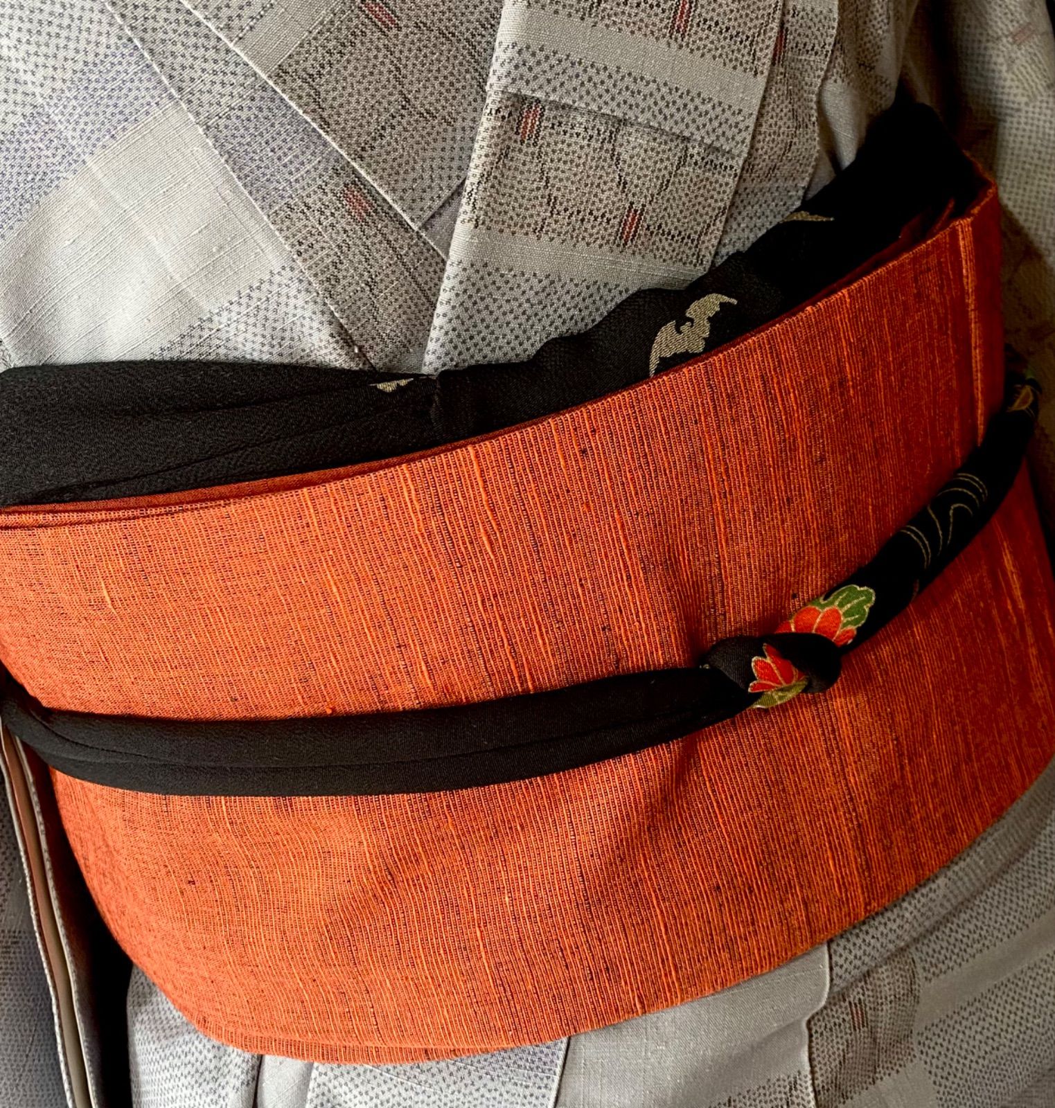 赤茶に縞紬の袋帯〉SALE トールリバーシブル全通縞の帯軽い手織り普段  