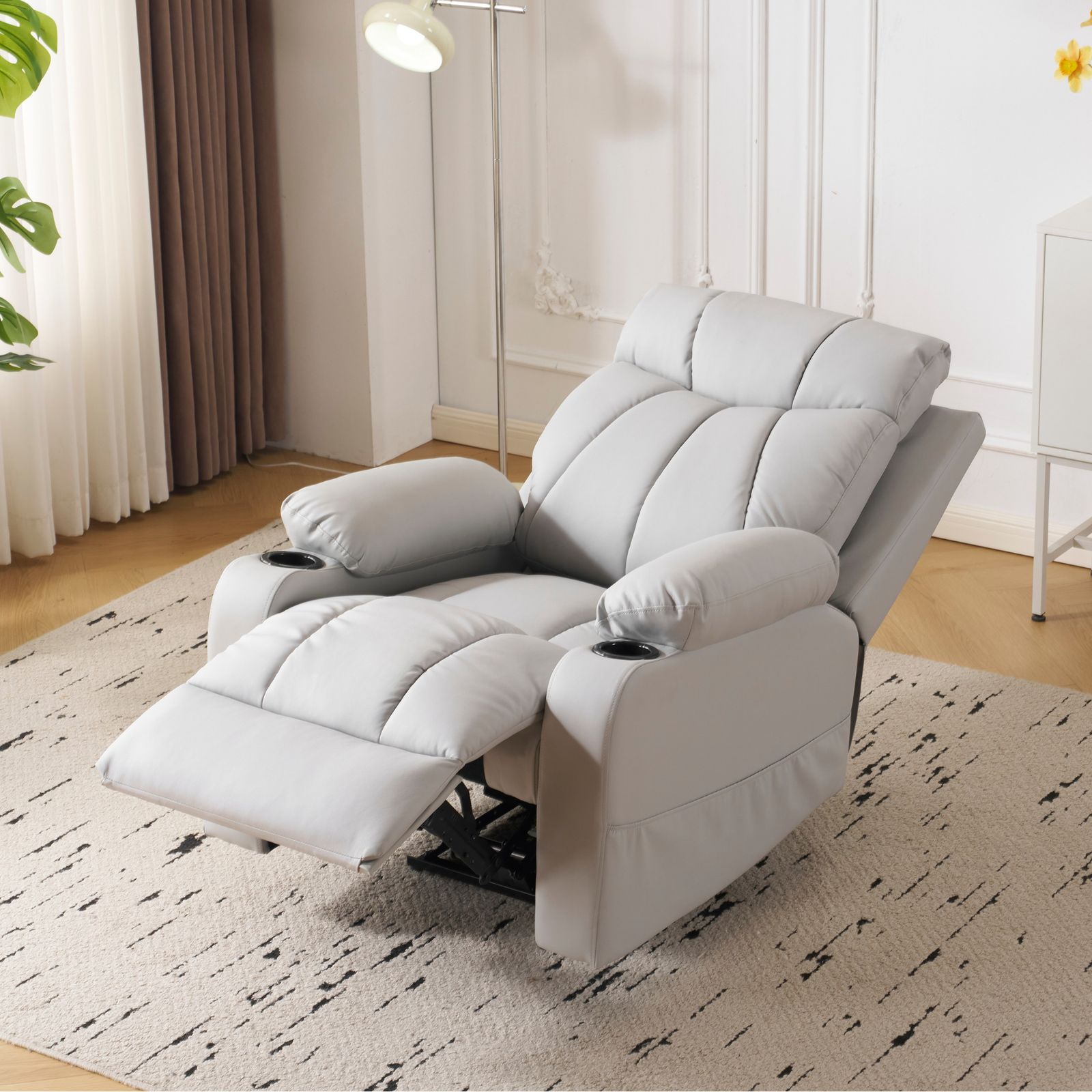 電動リクライニングソファ グレー ドリンクホルダー付き ソファ