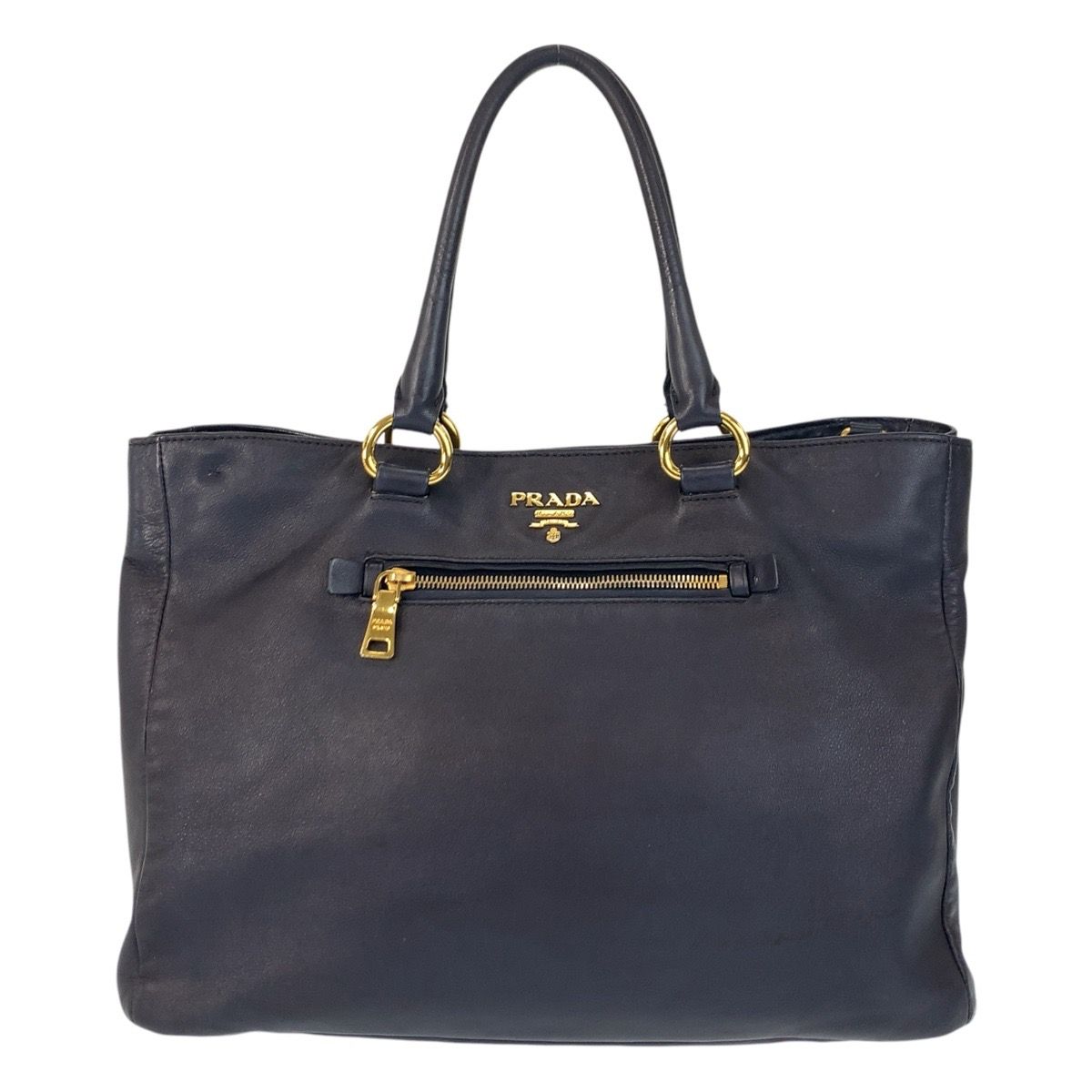 prada トートバッグ 美品 PRADA プラダ ネイビー ゴールド金具 レザー トートバッグ