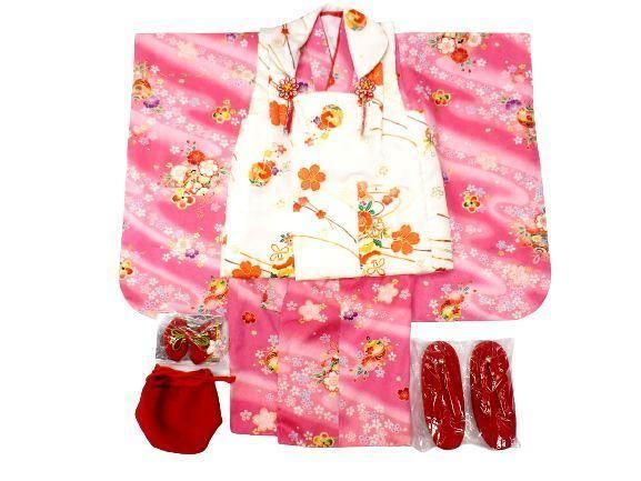 七五三 三歳用 被布 7点 セット ピンク地 鈴 小桜 柄 No.2301 七五三 三歳用 着物 被布 7点 セット ピンク地 鈴 小桜 柄 No.2301