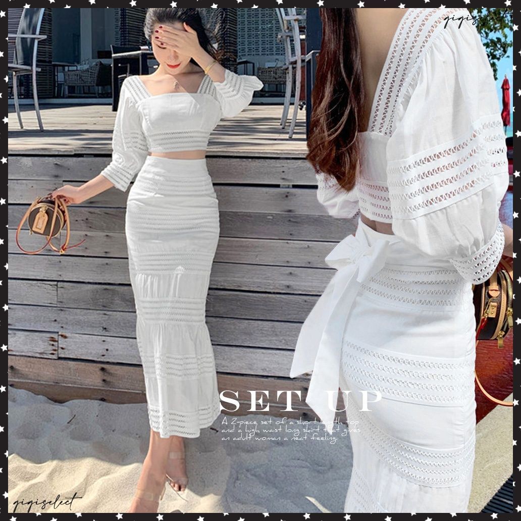 送料無料 セットアップ レディース スカート 白韓国ショート丈