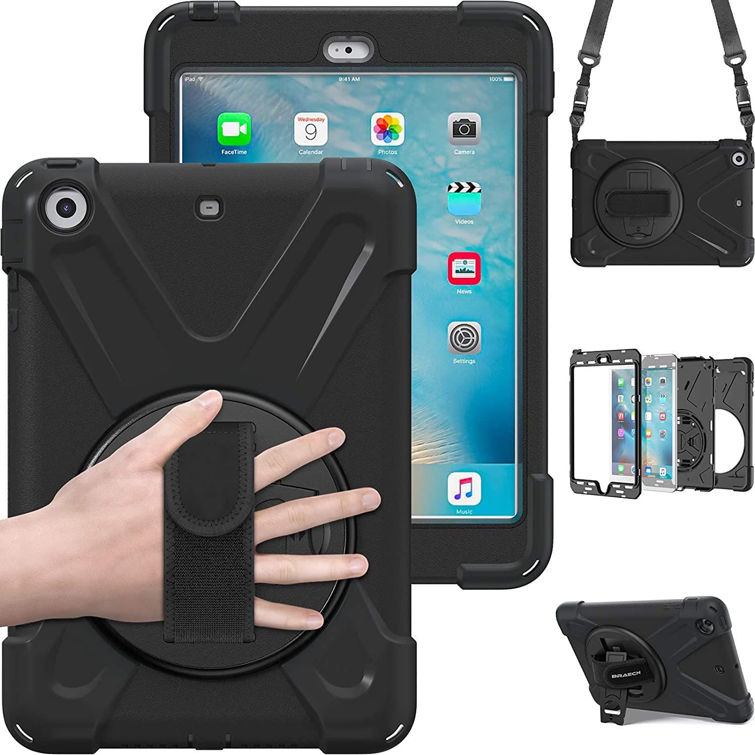 【人気商品】ブラック 用 初代第二三世代 Mini iPad iPad iPad ハード 耐久 片手 丈夫 頑丈 防塵 落下防止 耐衝撃 純正 子供 キッズ スタンド ストラップ ホルダー ハンド 回転 360度 シリコン ショ
