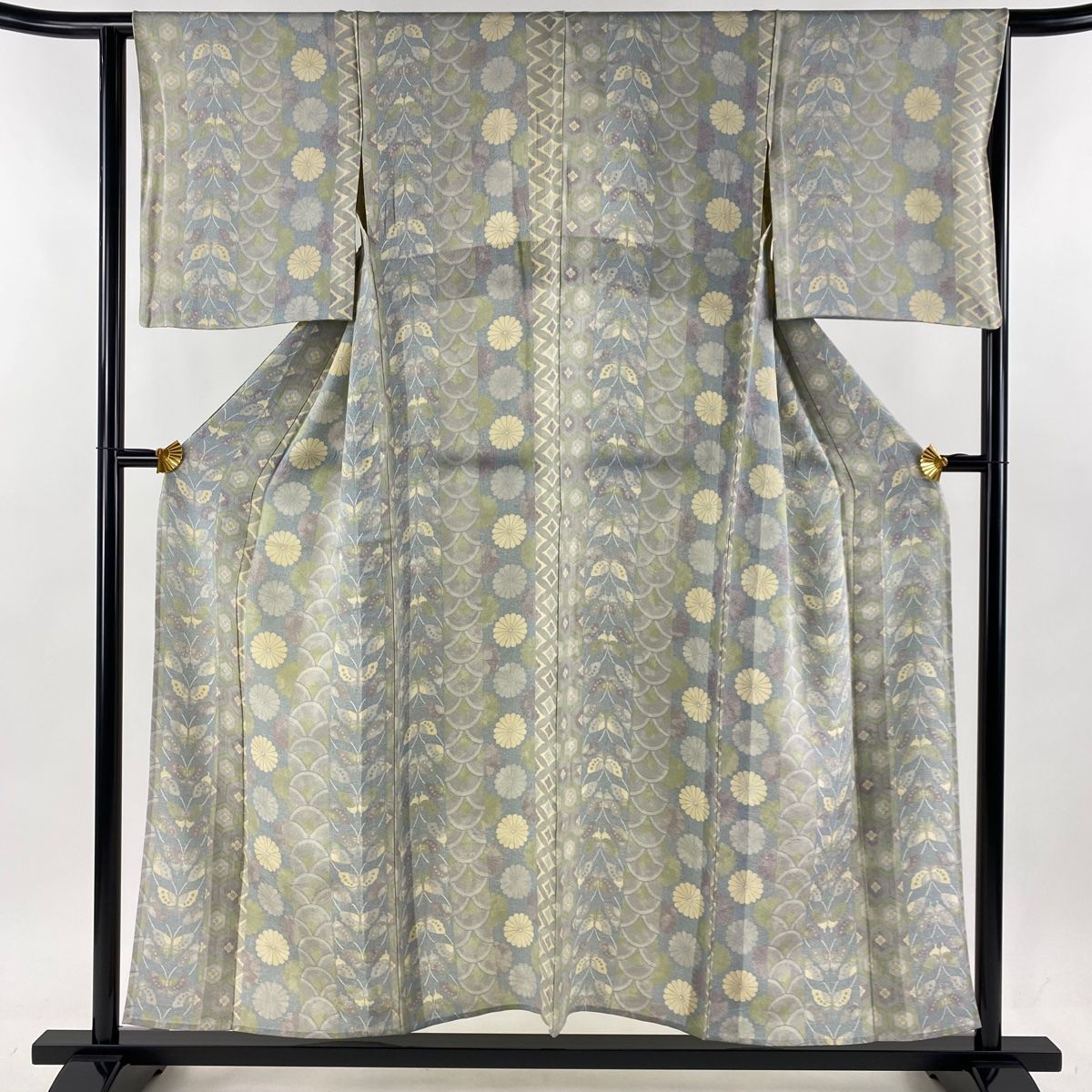 小紋 身丈153cm 裄丈65cm M 単衣 蝶 菊 青灰色 正絹 秀品